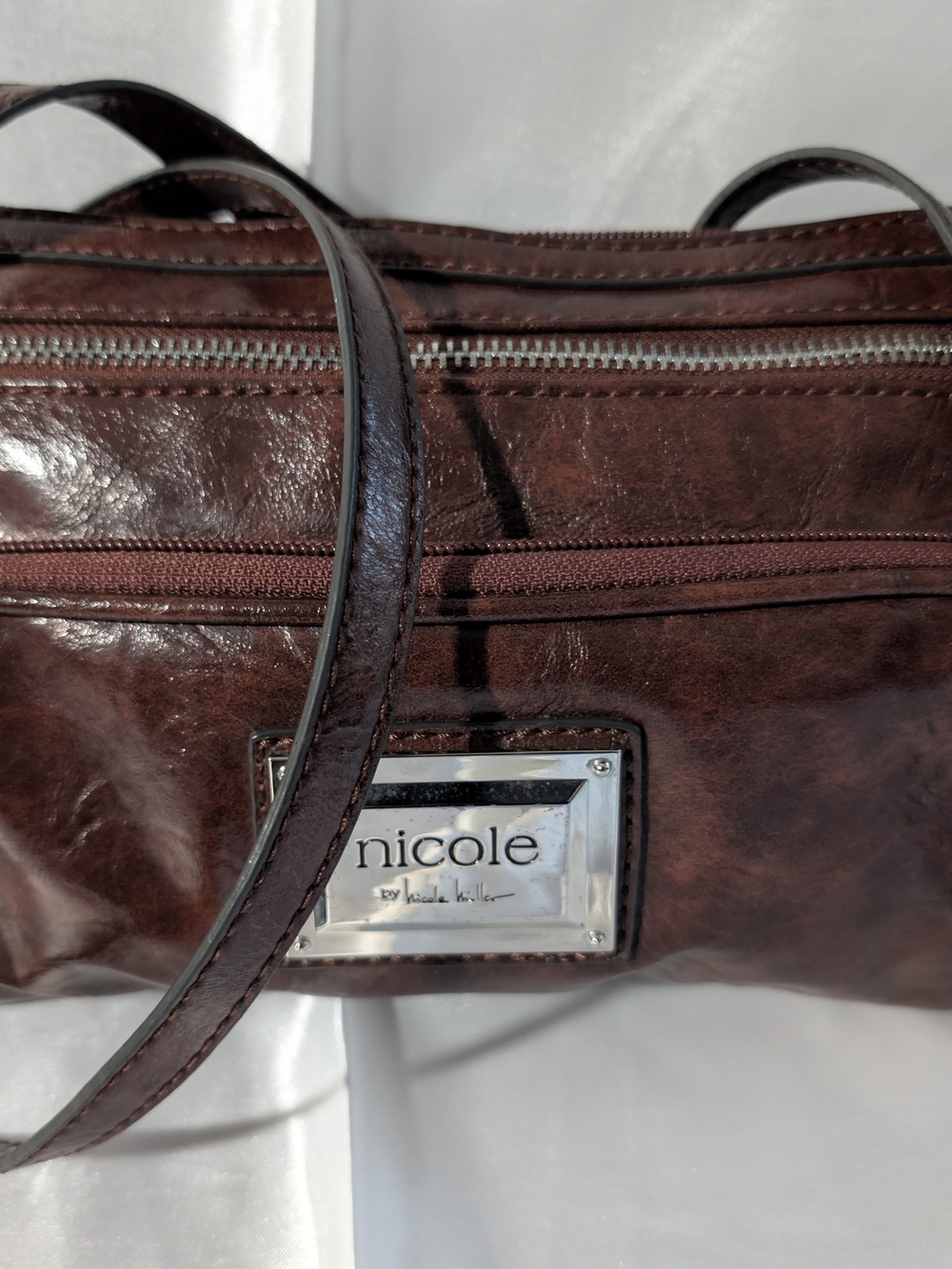Nicole by Nicole Miller Solid Brown Rectangle Crossbody Bag Zip Silver Hardware